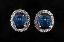 Pair 14K White Gold Sapphire and Diamond Earrings - 2 .30ct oval Sapphires with 40 round cut diamonds approx .20ct VS-2 Clarity G color