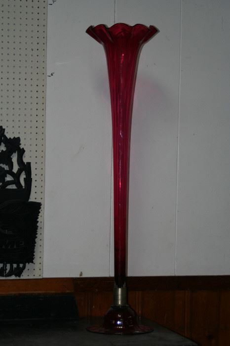 4 foot tall cranberry swirl art glass floor vase