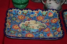 one of a pair of Longwy French faience rectangular trays with birds at center