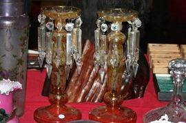 pair bohemian glass candle lustres as found