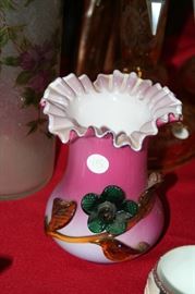 Stevens & Williams Peachblow 7 inch vase with applied art glass flowers