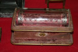 9 inch jewelry casket with curved, beveled & etched glass lid c.1880