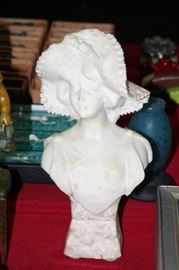hand carved white marble bust of lady with hat