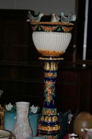 unusual Capodimonte jardinere with birds and matching pedestal