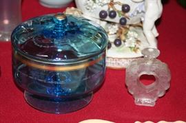 art glass covered jar, Lalique perfume bottle as found