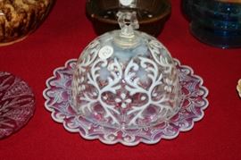 opalescent pattern glass butter dish