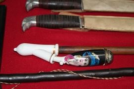 pair of bird head pummel Goucho knives, 2 German pipes with hand painted bowls