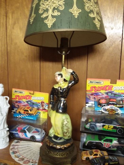 Mid Century figure lamps , NASCAR items 