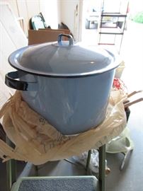 light blue and black enamelware stock pot