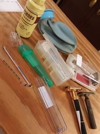 Vintage medical glass thermometers , tins , razors