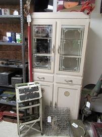 Crab traps, step stools, ladders, vintage cabinet