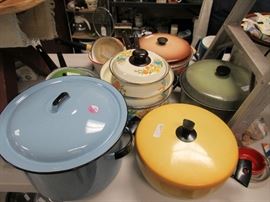 Lots of pots and pans in funky colors and patterns