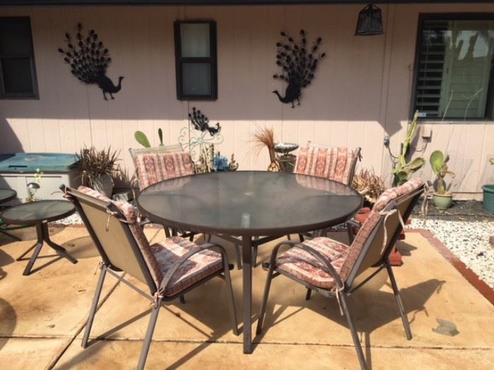 Brown Round Glass/Metal Patio Table w/ 4 Armchairs