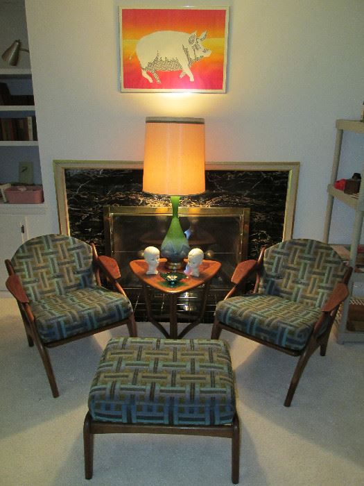 Mid-century chairs, ottoman, side table and lamp