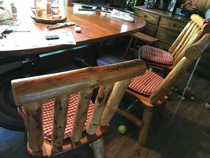 Carved log wood dining chairs, table