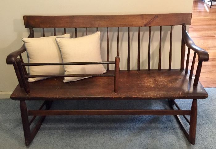 Mammy’s bench, 4 feet long circa 1830s from Alabama, baby gate removes. Back slats are chestnut, seat is pine. 
