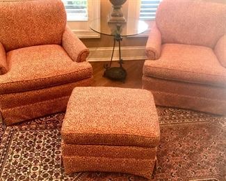 2 reupholstered burgundy Arm chairs with 1 foot rest