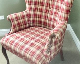 Vintage reupholstered Burgundy & Cream plaid Arm chair with wood Spoonfoit legs
