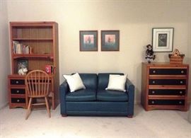 Lazy Boy leather love seat and knotty pine desk with hutch and 4 drawer dresser