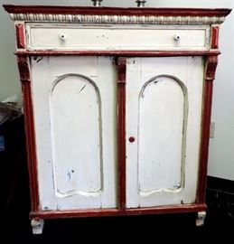 ANTIQUE PAINTED CABINET WITH RED TRIM