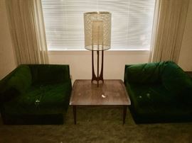 Bassett Mid-Century square coffee table, pair of green corner chairs, Mid-Century lamp