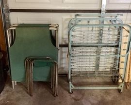 Vintage camping cots and stools and folding roll away bed frame