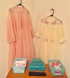 3 piece jewelry box set, vintage hankies, vintage gloves and scarves, peignoir sets
