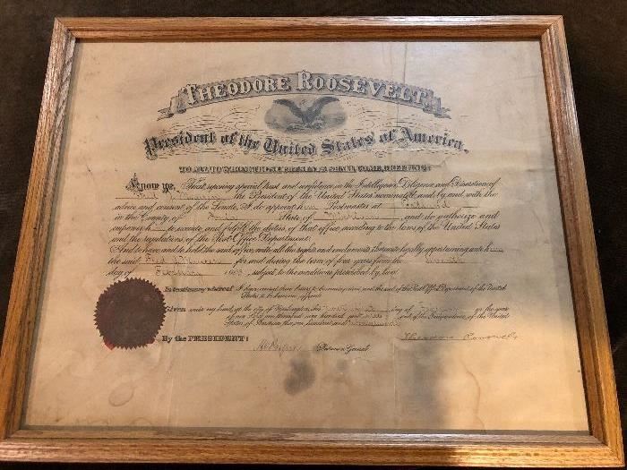 Theodore Roosevelt appoints  postmaster of Portland Michigan 1903 signed by teddy Roosevelt 