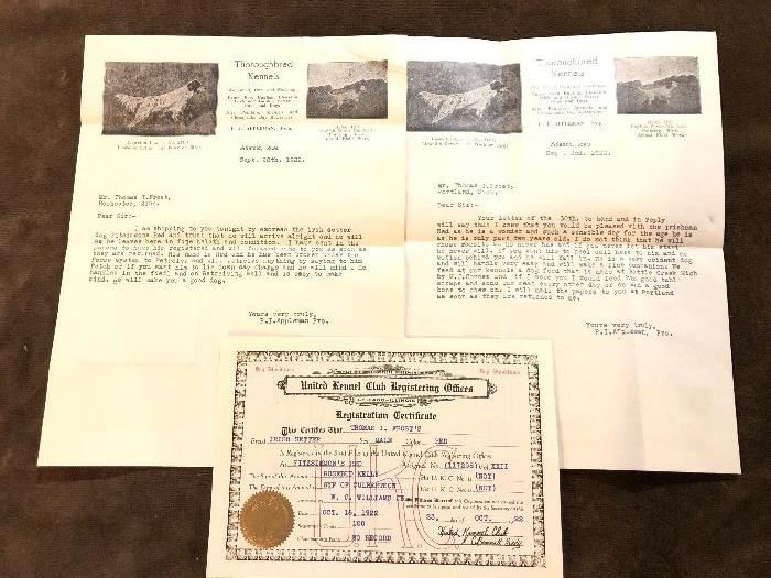  1922 united  kennel club register and letters from thorough bred kennels .
