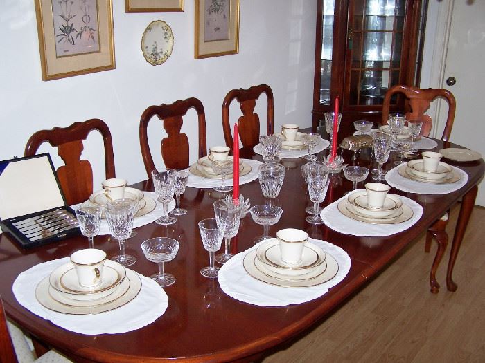 Dining Table w/ 6 chairs, Lenox China set- 8 - 4 pc place settings, Lismore Waterford Wine and Sherbet crystal!