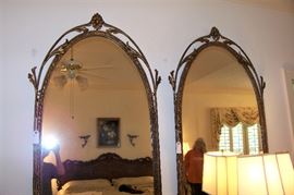 Pair, brushed gold iron mirrors