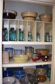 Old crocks, bowls, Ball jars