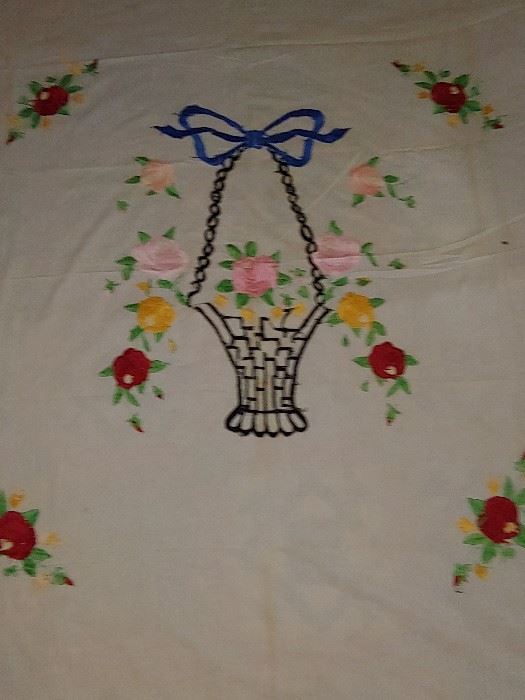 Hand embroidered spread. Basket of Roses w/ Bow.