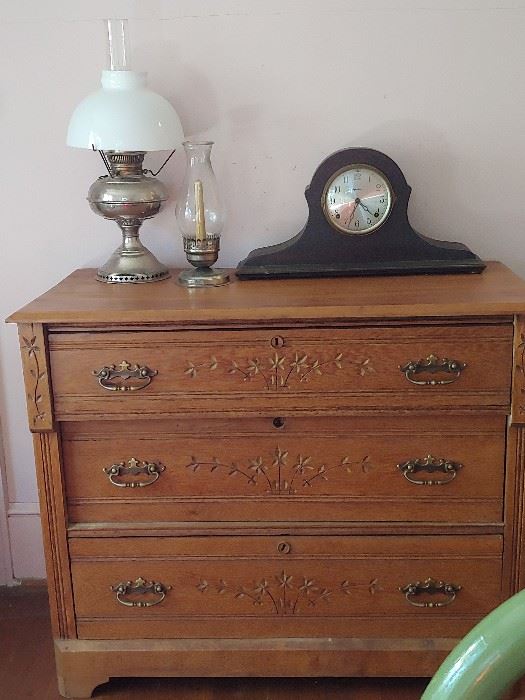 Eastwood Chest Hand Carved Oak. Mantle Clock and Punched Silver plate Oil Lamp with Matching Candle Holders & Globes.