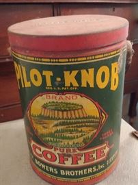 Wow this awesome! On the lid it says with scoop. Inside is 1/2 full of original coffee with scoop. So rare. Pilot-Knob Pure coffee by Bowers Brothers. Some memorabilia is meant to showcase. This is a pristine example.