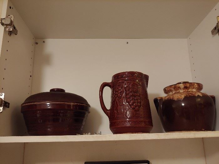 Antique Stoneware Pitcher with Grapes. Bean Pot USA, Marcrest Daisy Dot Brown Stoneware w/ lid.