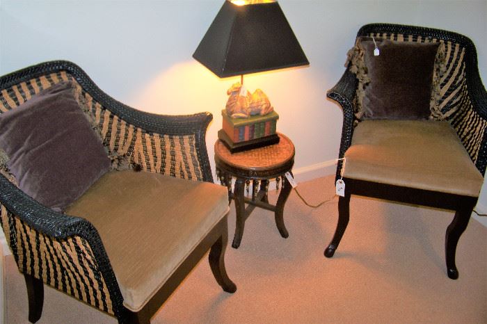 Pr. unusual rattan/wooden chairs