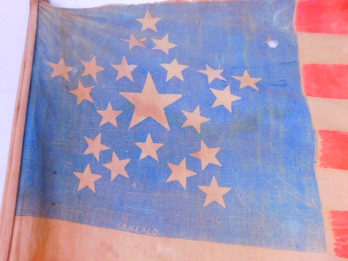 Very Rare 21 star parade flag marked I. A. Heald.  Probably dating  from post Civil War and not 1819-1820 period.  