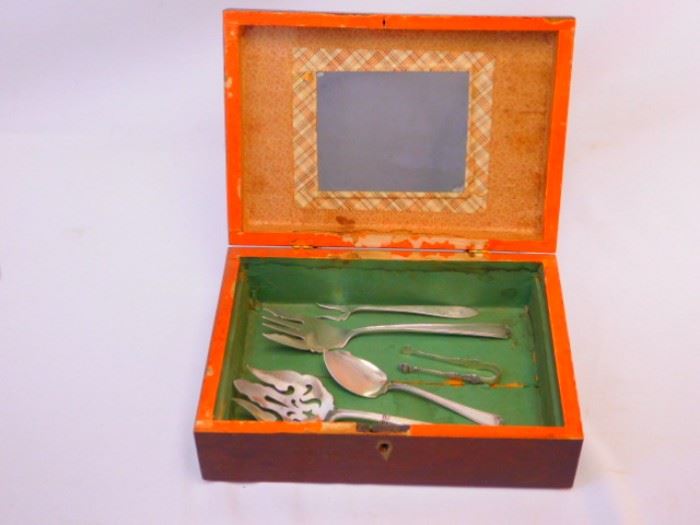 Antique wooden box and 5 sterling silver serving pieces.