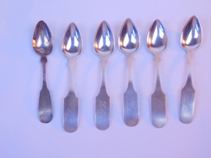 Antique Coin silver spoons-
( 5 )  W. H. Talbott Co ( Washington Houston Talbott 1817-1873) Indianapolis Fiddle handled spoons monogrammed H. M.  circa 1840-1865, good condition, some scratches and dings.
(1 )Amos  Sanborn, Lowell, MA,  fiddle handled spoon, monogrammed O. W. M,  circa 1849-1866,  worn. 