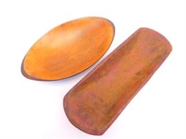 One Primitive bowl about 16 1/2" long  and one primitive bowl/trencher about 19" long, red paint.  Age unknown, good condition.