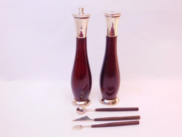 Mid century Italian salt & pepper with sterling tops and bottoms and similar appetizer servers- no markings.