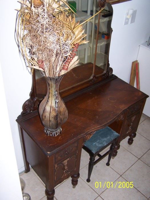 Vintage Dresser, Bench, Potted Silk arrangement, Basement