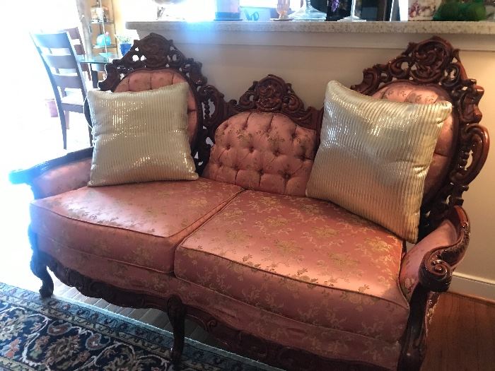 Mahogany Victorian sofa with silk fabric