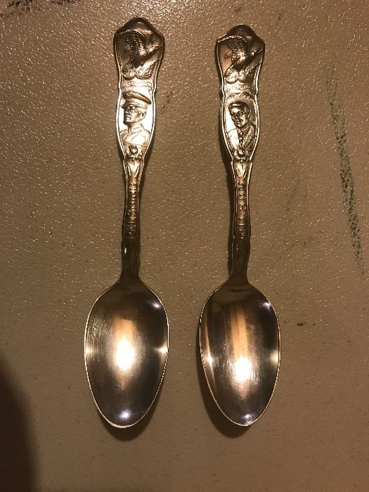 Vintage pair of WWI Heroes Souvenir Spoons.  One spoon is President Woodrow Wilson and One spoon is General John J. Pershing