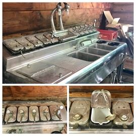 Antique Bastian-Blessing Ice Cream Soda Fountain with ceramic hall containers with spoons or pumps.  Completely stainless steel. 