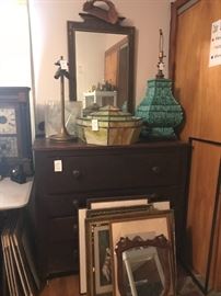 Dresser, lamps, artwork