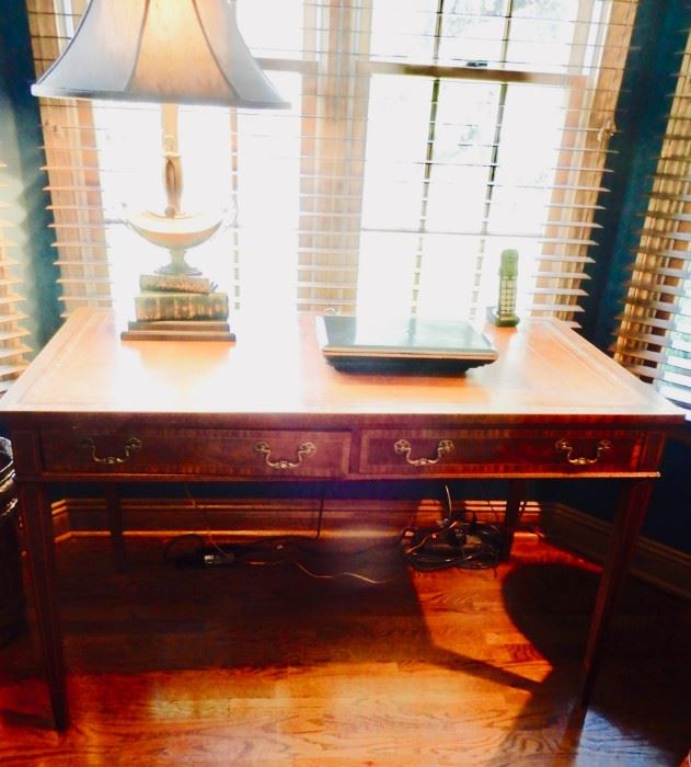 HEKMAN DESK  WITH GREAT INLAY AND LEATHER TOP.