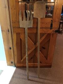 Primitive Wooden Large PitchFork and Shovel