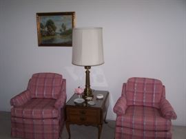 PAIR OF CLUB CHAIRS, LAMP TABLE & LAMP, SIGNED OIL PAINTING--DeANGELO 1930